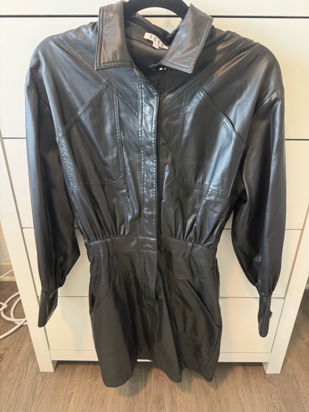 TCEC Black Faux Leather Mini Dress with Zip Front